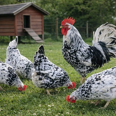 Leghorn Exchequer Hühner im Auslauf vor Hühnerstall – leistungsstarke Legerasse aus eigener Zucht